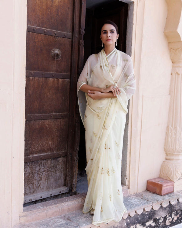 Pale Yellow Hand Embroidered Resham-Tube Chiffon Saree