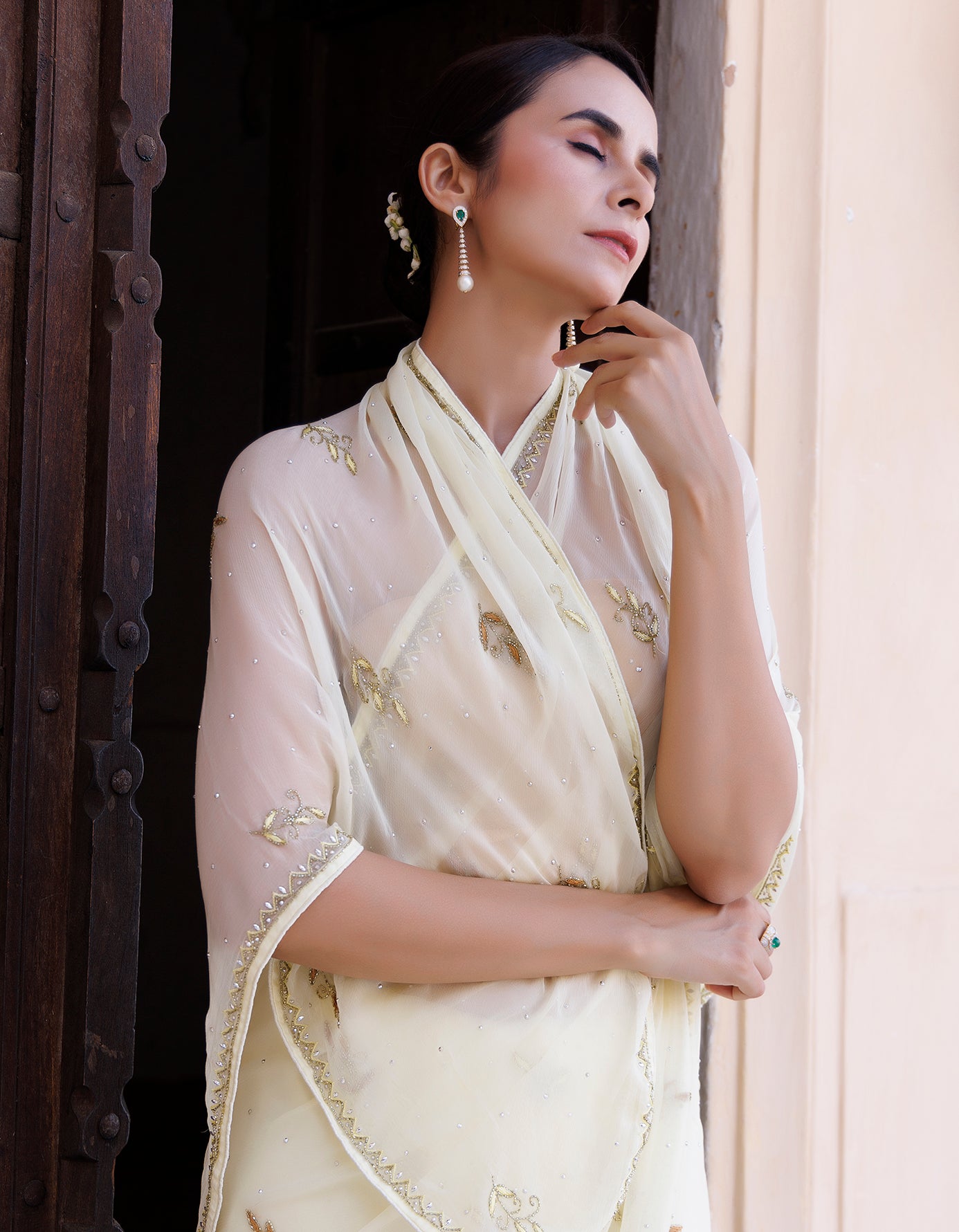 Pale Yellow Hand Embroidered Resham-Tube Chiffon Saree