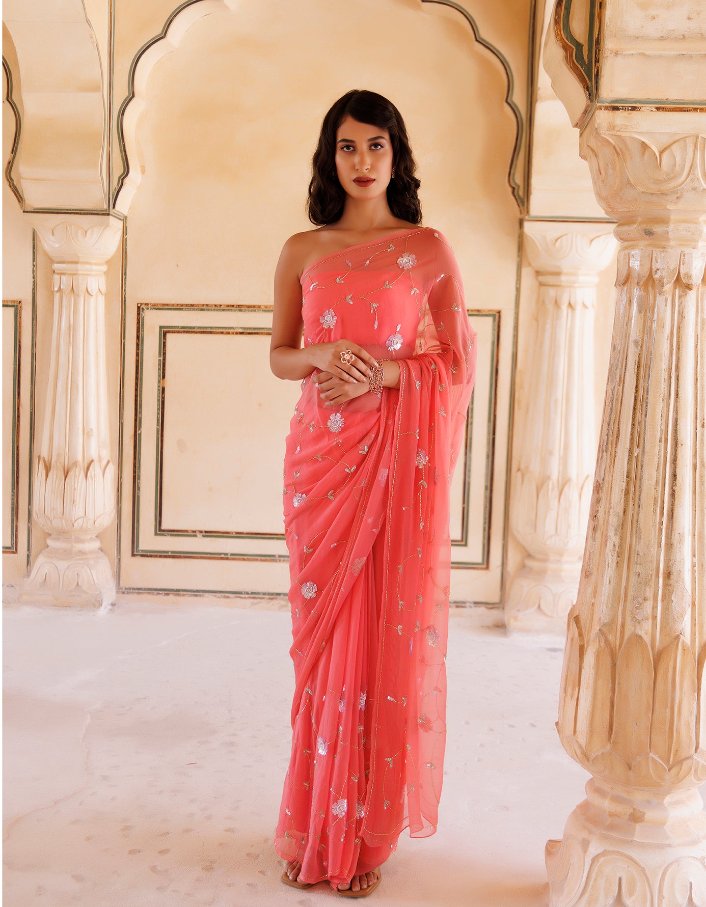 Rose Pink Hand Embroidered Sequins-Tube Jaal Chiffon Saree
