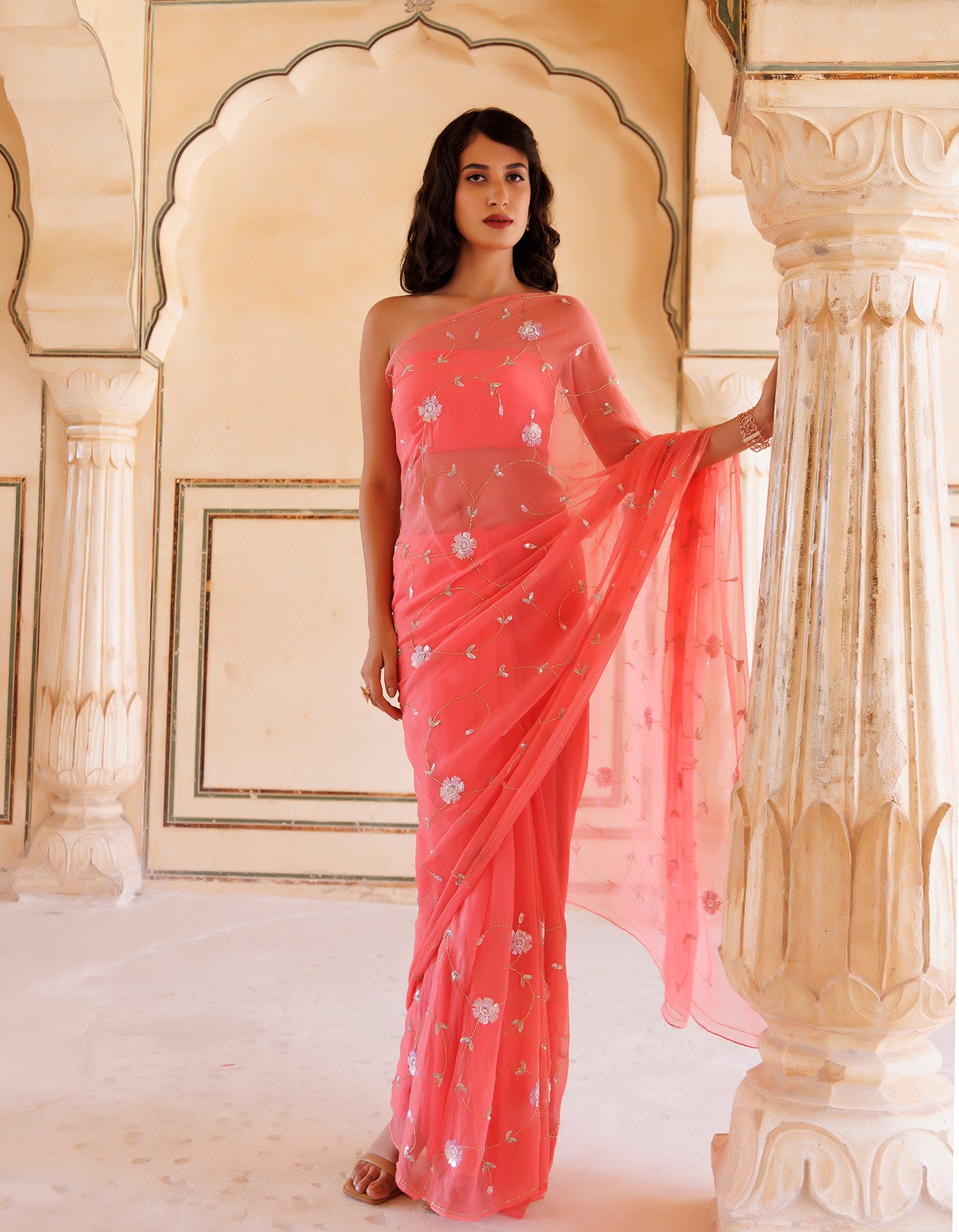 Rose Pink Hand Embroidered Sequins-Tube Jaal Chiffon Saree