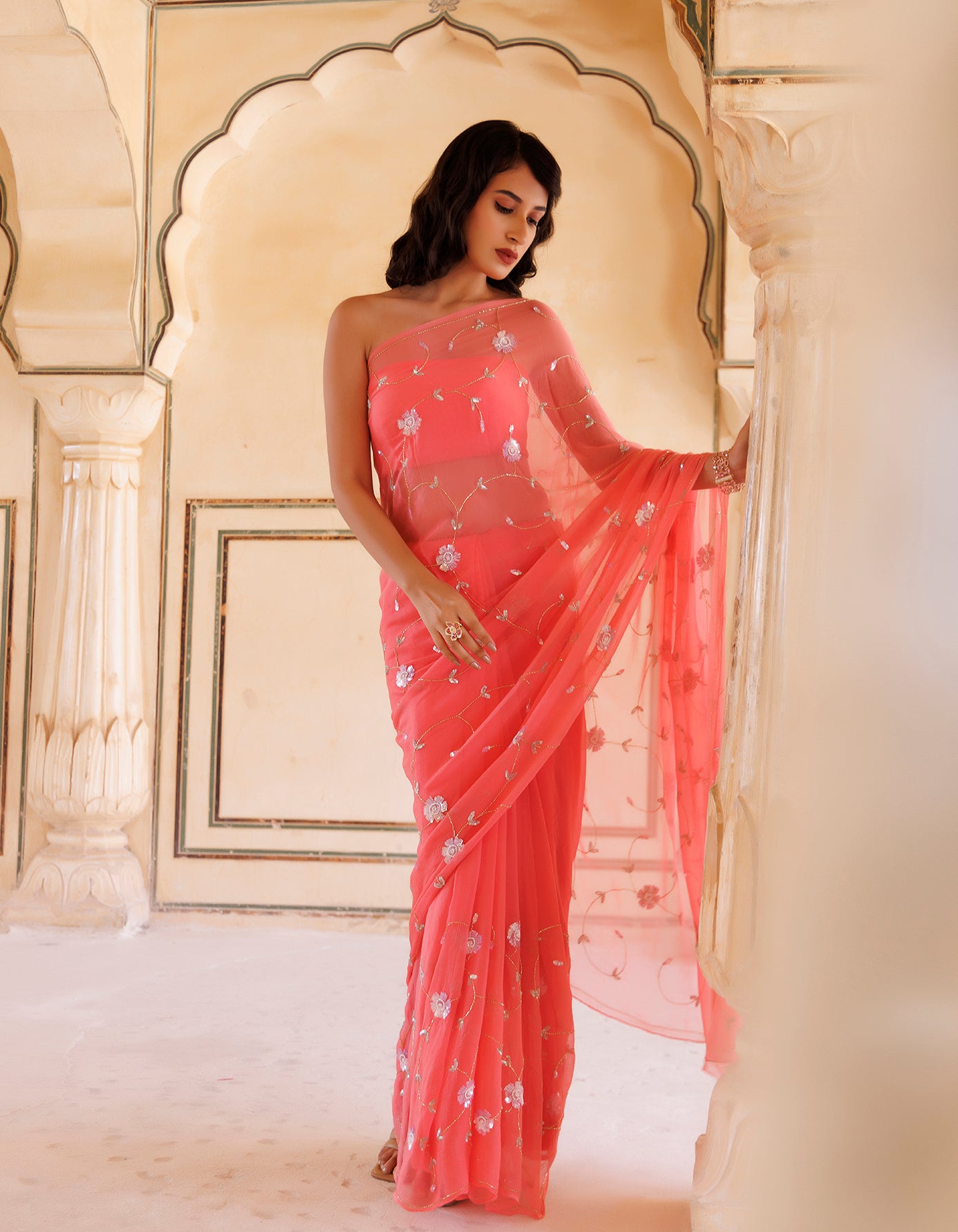 Rose Pink Hand Embroidered Sequins-Tube Jaal Chiffon Saree