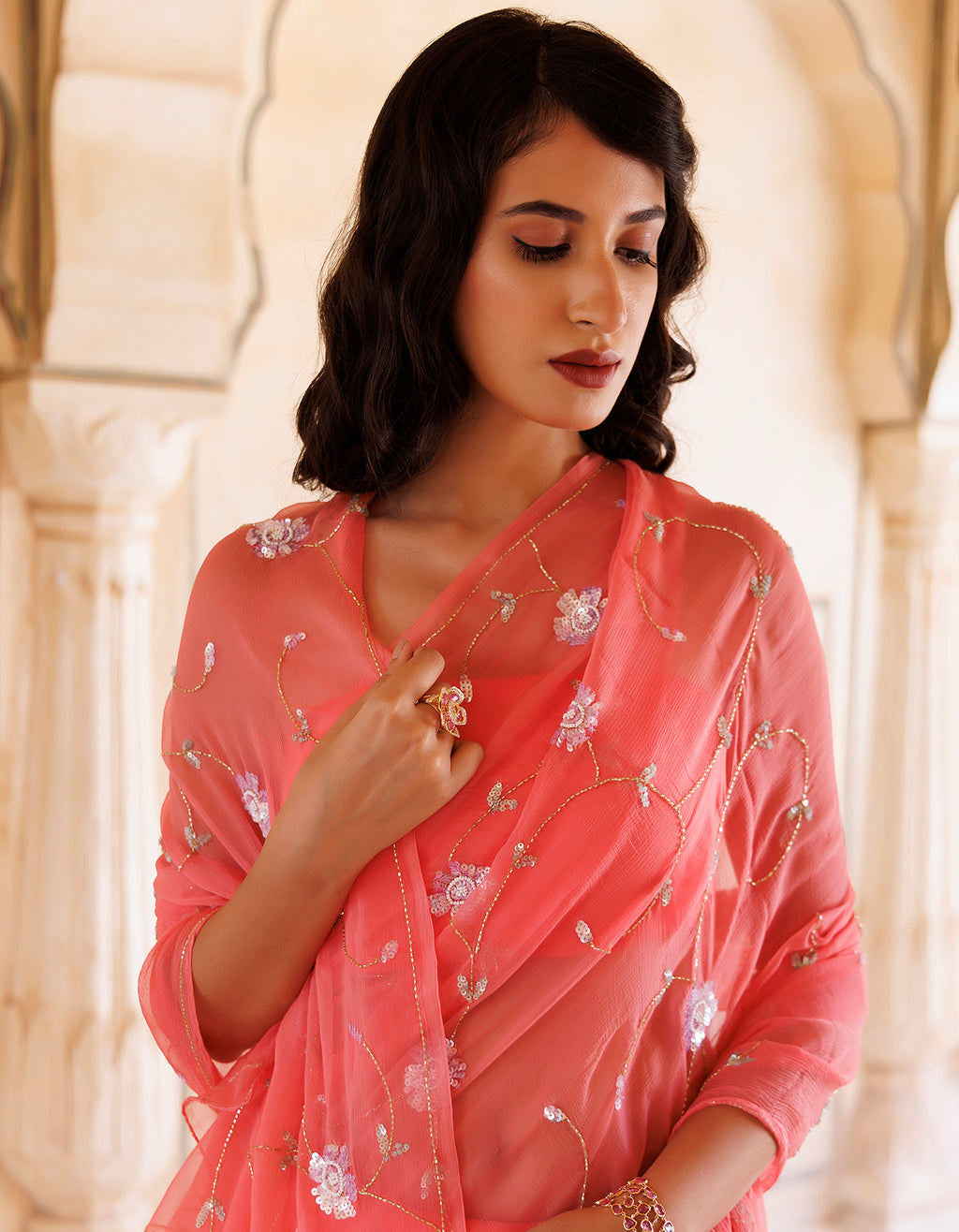 Rose Pink Hand Embroidered Sequins-Tube Jaal Chiffon Saree