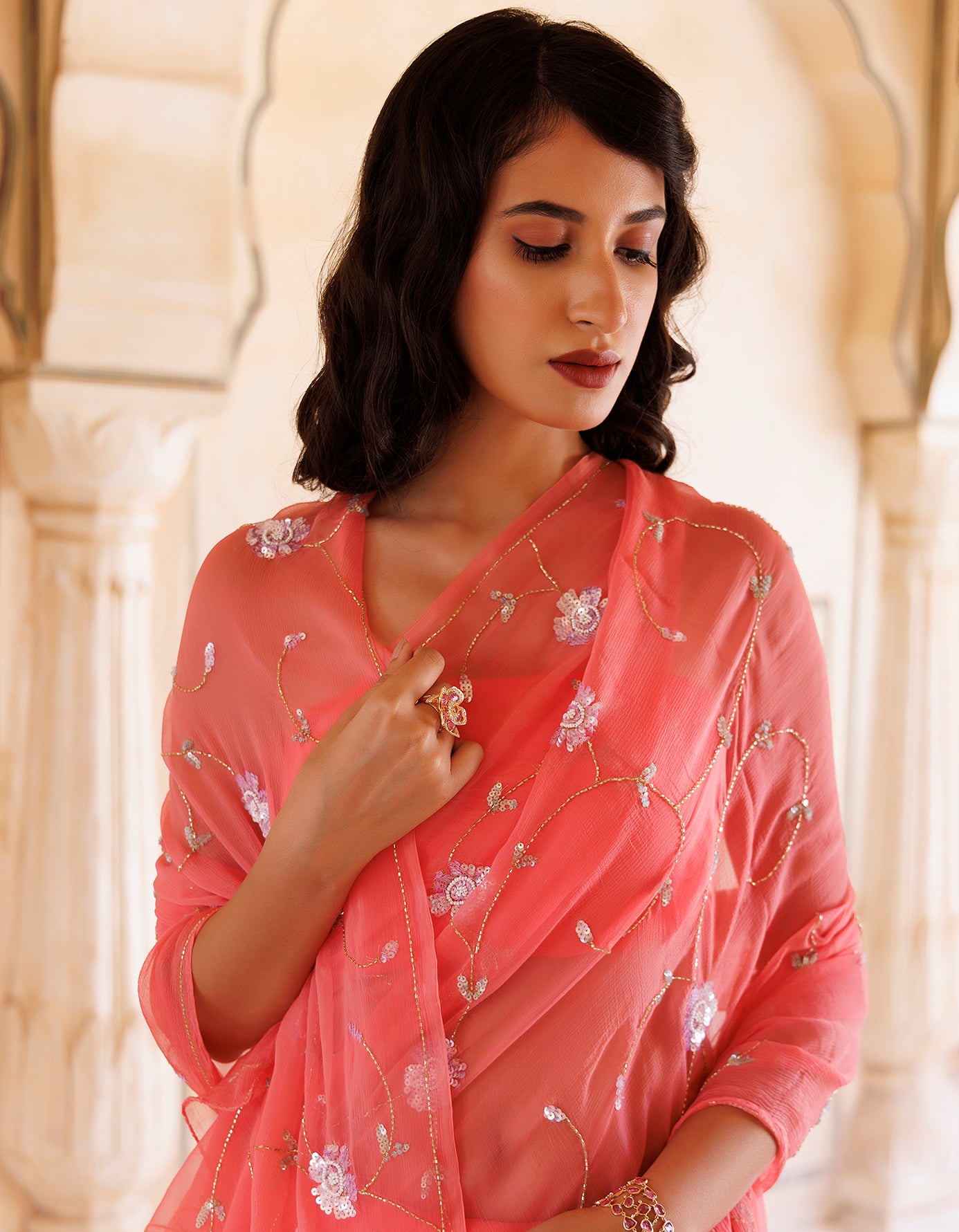 Rose Pink Hand Embroidered Sequins-Tube Jaal Chiffon Saree