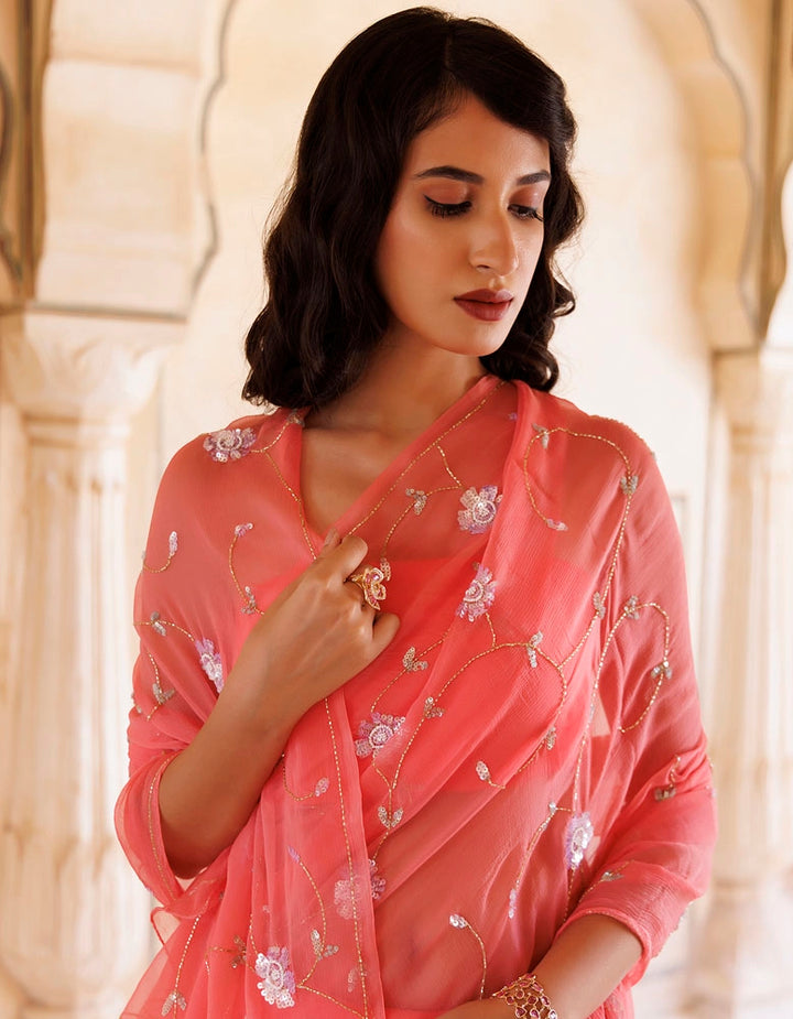 Rose Pink Hand embroidered Sequins-Tube jaal Chiffon saree