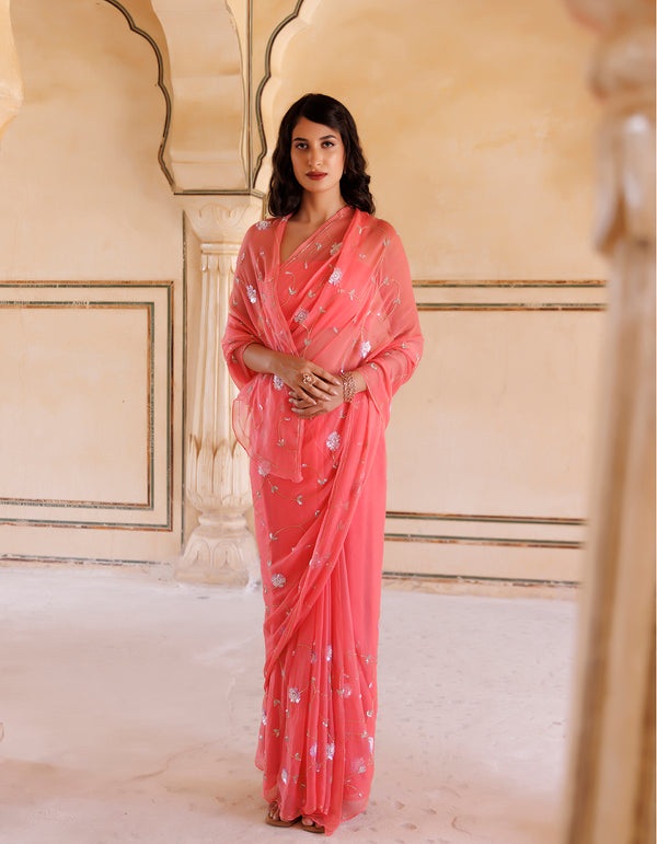 Rose Pink Hand Embroidered Sequins-Tube Jaal Chiffon Saree