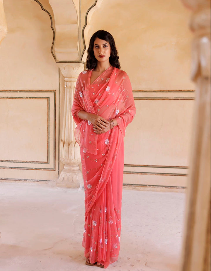 Rose Pink Hand embroidered Sequins-Tube jaal Chiffon saree
