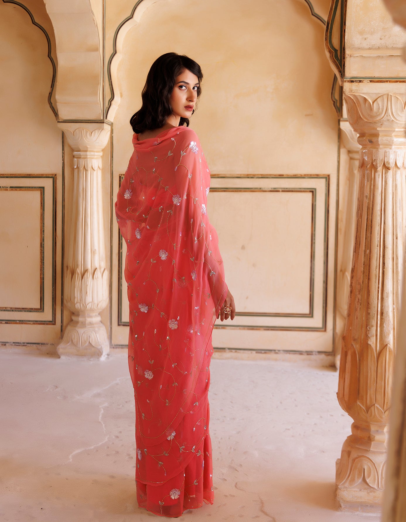 Rose Pink Hand Embroidered Sequins-Tube Jaal Chiffon Saree