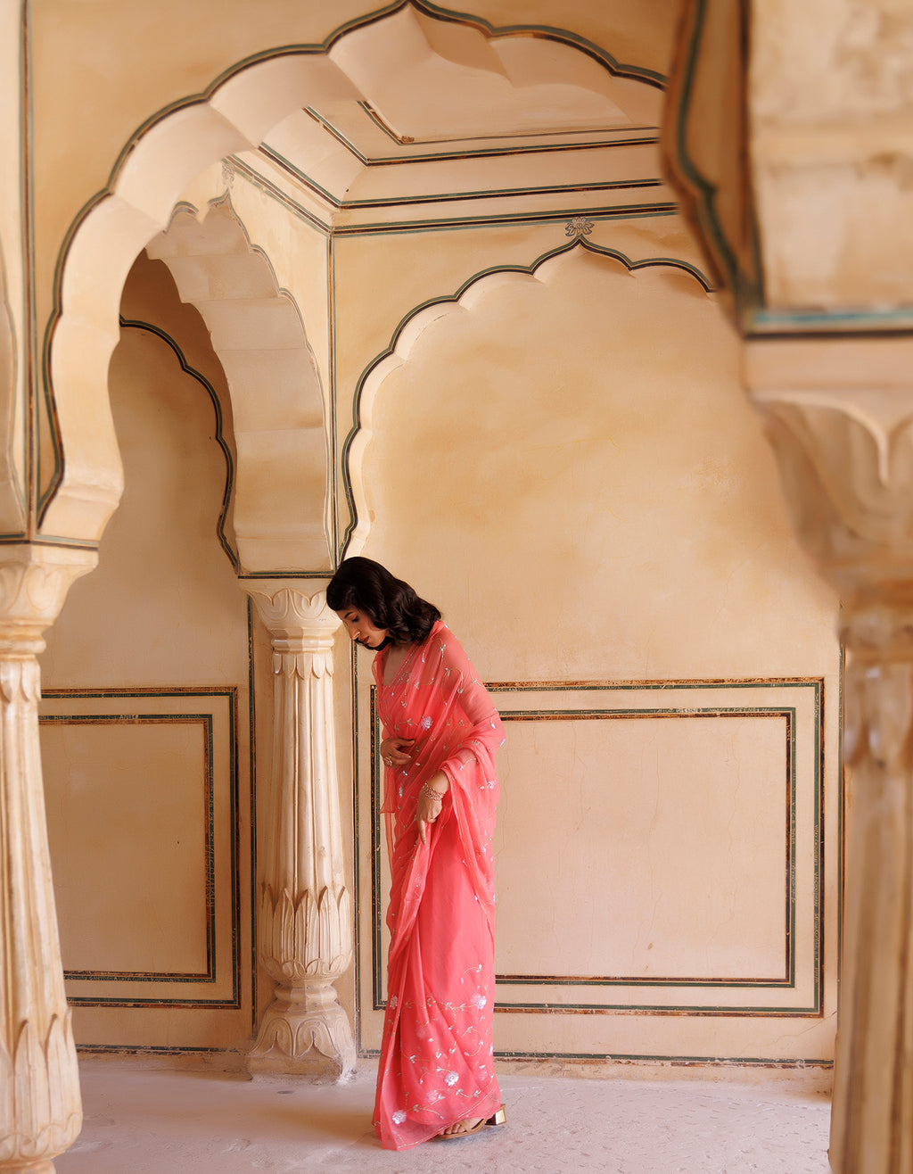 Rose Pink Hand Embroidered Sequins-Tube Jaal Chiffon Saree