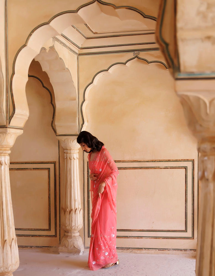 Rose Pink Hand embroidered Sequins-Tube jaal Chiffon saree