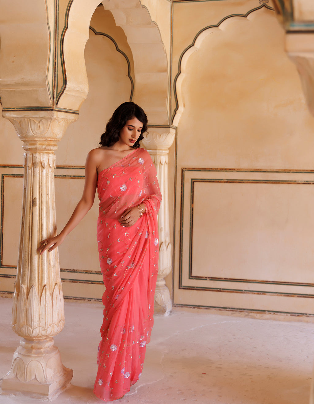 Rose Pink Hand Embroidered Sequins-Tube Jaal Chiffon Saree