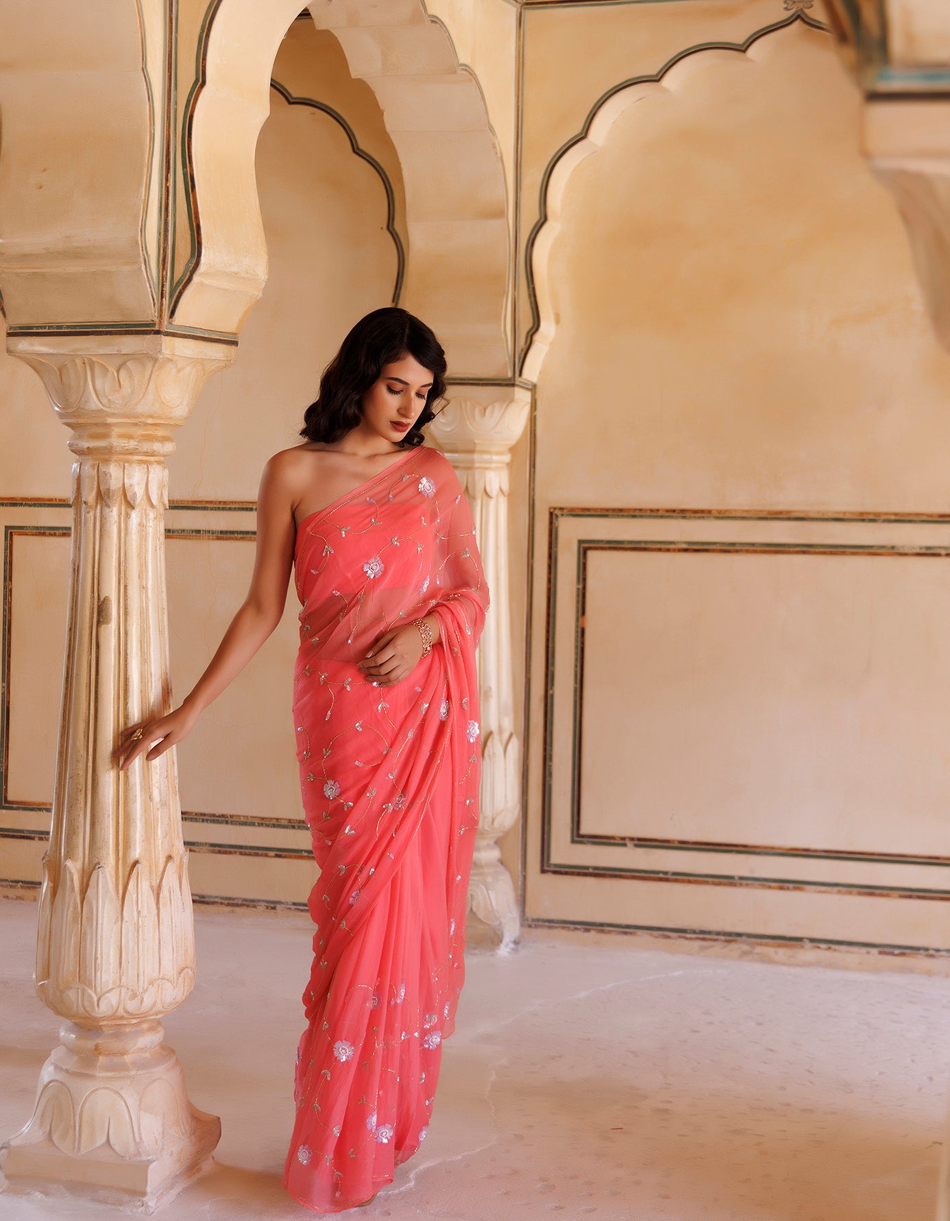 Rose Pink Hand Embroidered Sequins-Tube Jaal Chiffon Saree