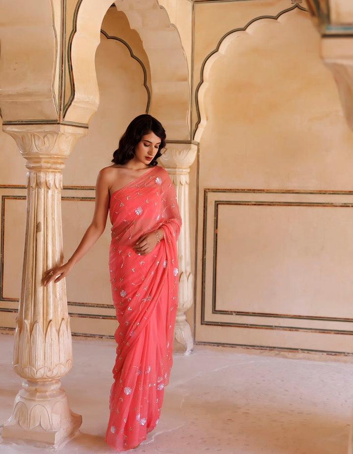 Rose Pink Hand embroidered Sequins-Tube jaal Chiffon saree