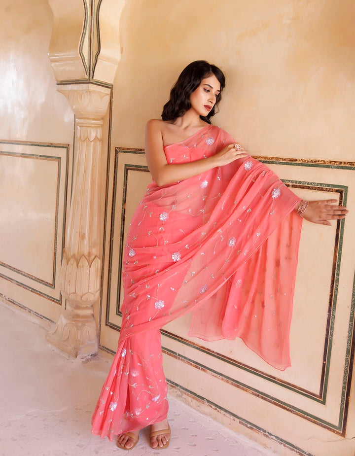 Rose Pink Hand embroidered Sequins-Tube jaal Chiffon saree