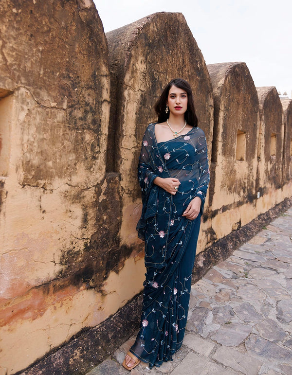 Peacock blue Hand embroidered Sequins-tube jaal chiffon saree