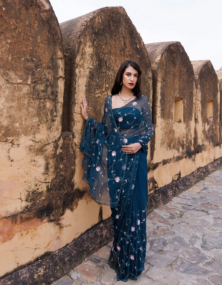 Peacock blue Hand embroidered Sequins-tube jaal chiffon saree