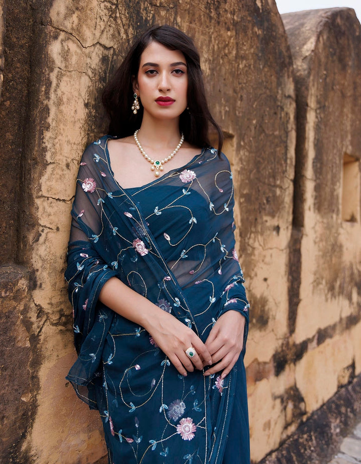 Peacock blue Hand embroidered Sequins-tube jaal chiffon saree