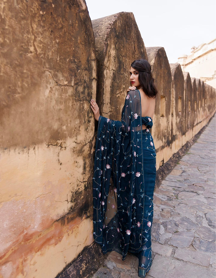 Peacock blue Hand embroidered Sequins-tube jaal chiffon saree