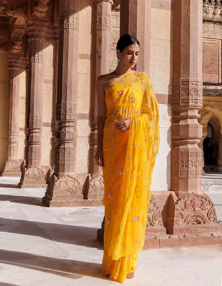 Golden Yellow Hand embroidered Sequins-Tube jaal Chiffon saree
