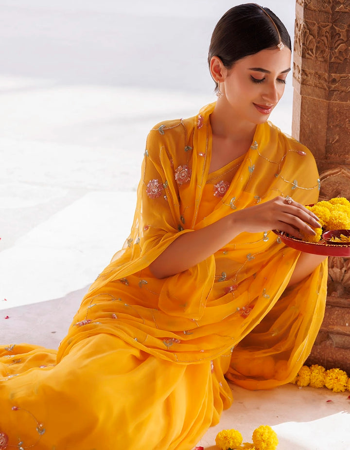 Golden Yellow Hand embroidered Sequins-Tube jaal Chiffon saree