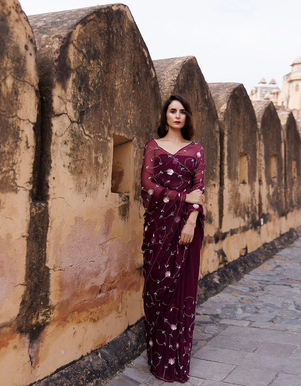 Plum Hand embroidered sequins-tube jaal chiffon saree