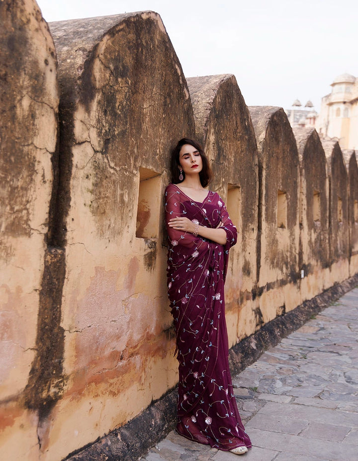 Plum Hand embroidered sequins-tube jaal chiffon saree