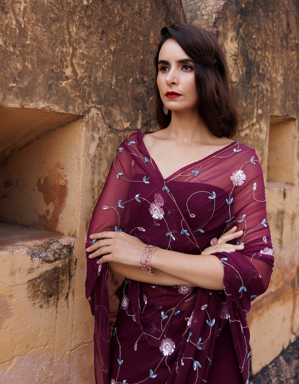 Plum Hand Embroidered Sequins-Tube Jaal Chiffon Saree