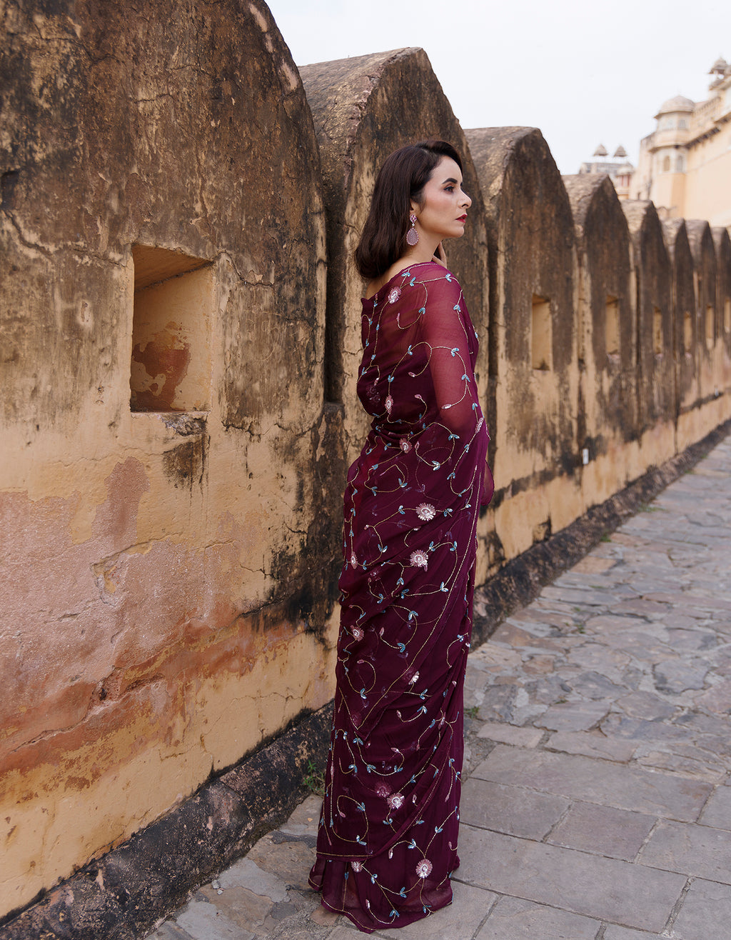 Plum Hand Embroidered Sequins-Tube Jaal Chiffon Saree