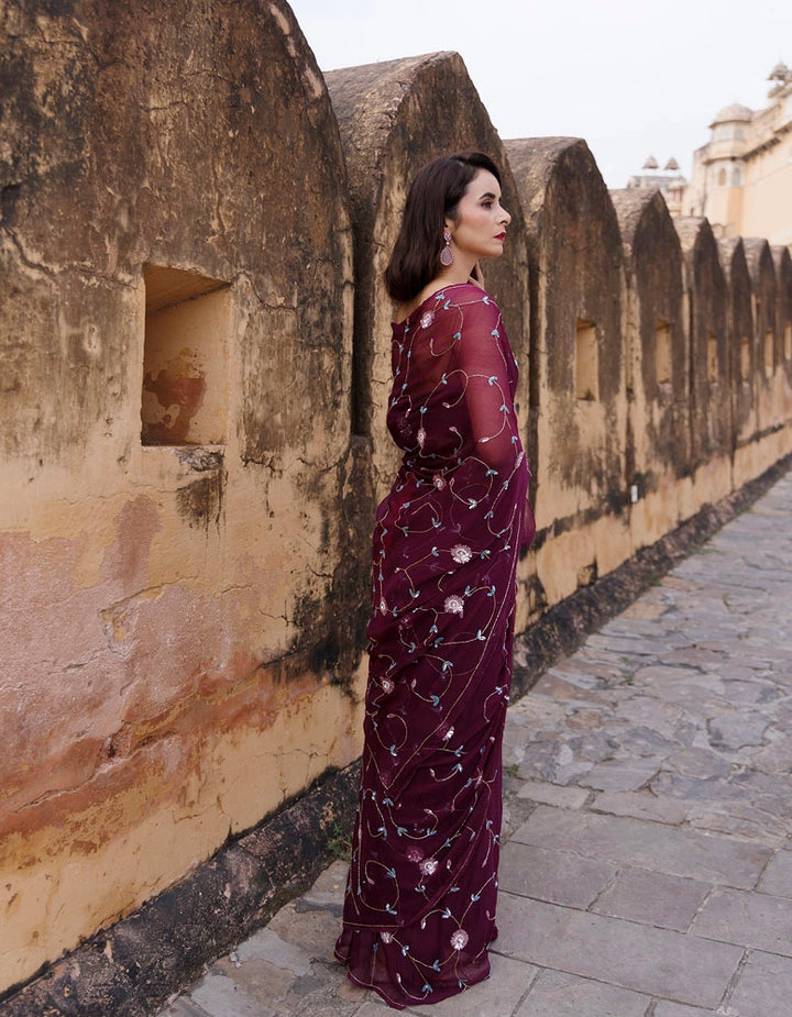 Plum Hand embroidered sequins-tube jaal chiffon saree