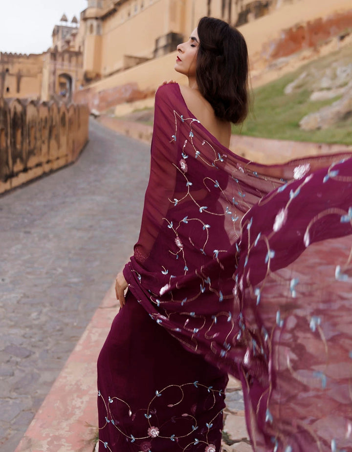 Plum Hand embroidered sequins-tube jaal chiffon saree