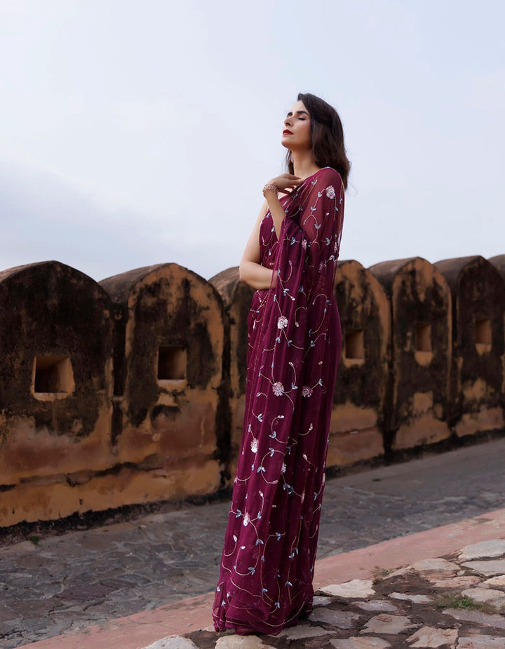 Plum Hand embroidered sequins-tube jaal chiffon saree