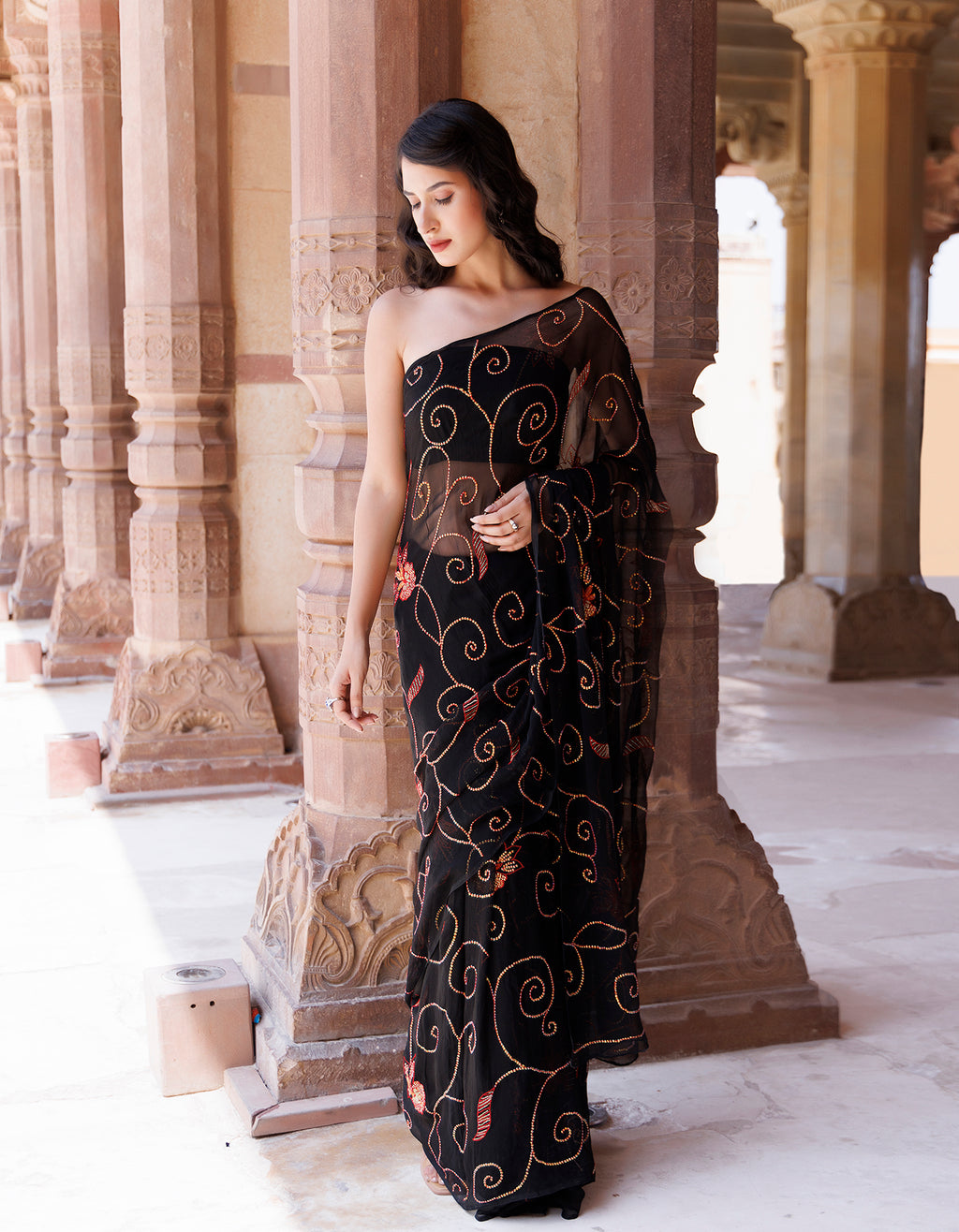 Black Sequins Jaal Work Chiffon Saree
