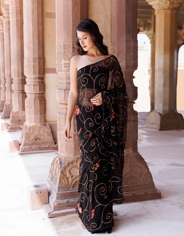 Black Hand embroidered sequins jaal chiffon saree
