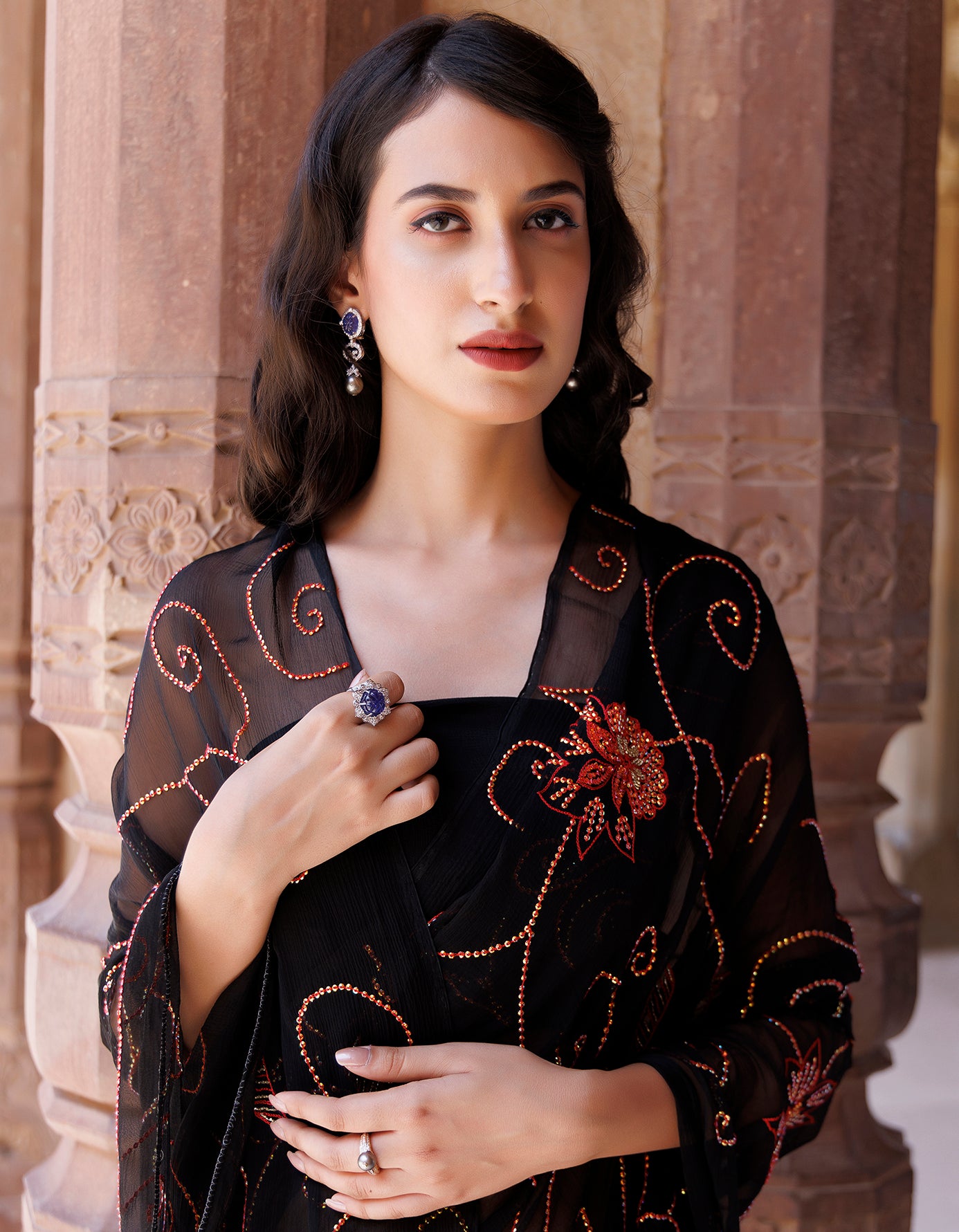 Black Sequins Jaal Work Chiffon Saree