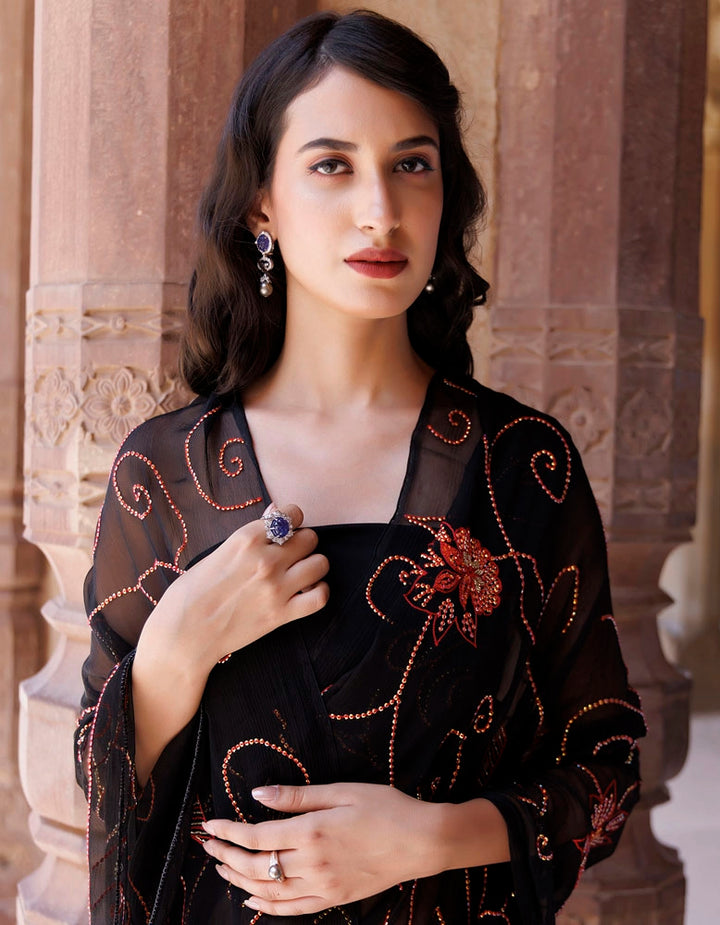 Black Hand embroidered sequins jaal chiffon saree