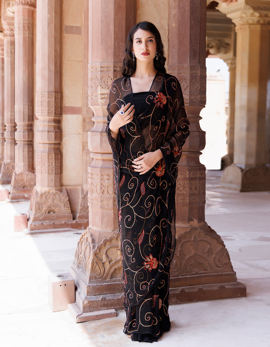 Black Sequins Jaal Work Chiffon Saree
