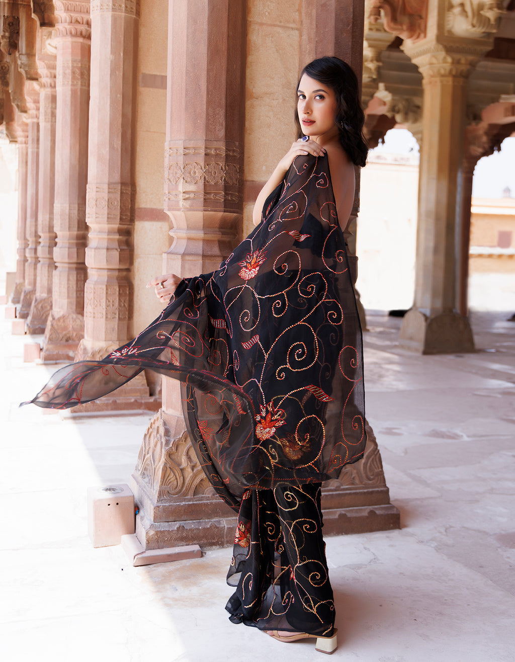 Black Sequins Jaal Work Chiffon Saree