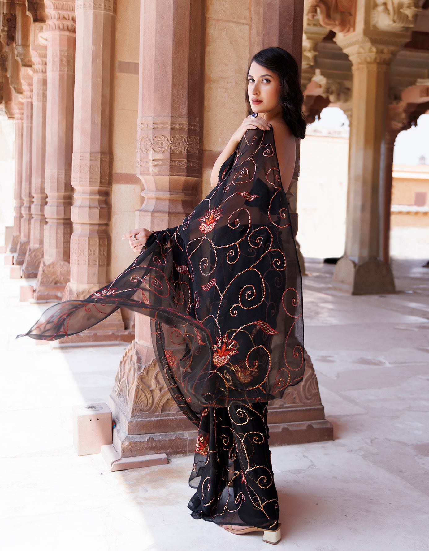Black Sequins Jaal Work Chiffon Saree