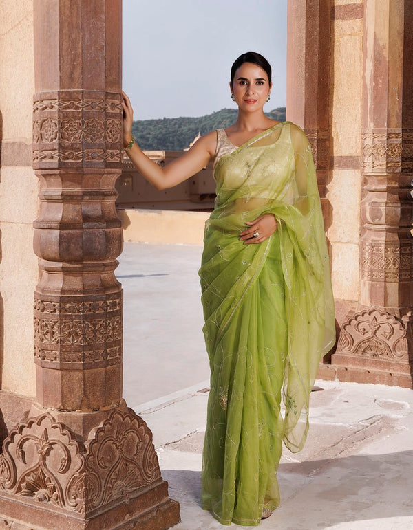 Green Hand Embroidered resham and Tube work Organza Saree