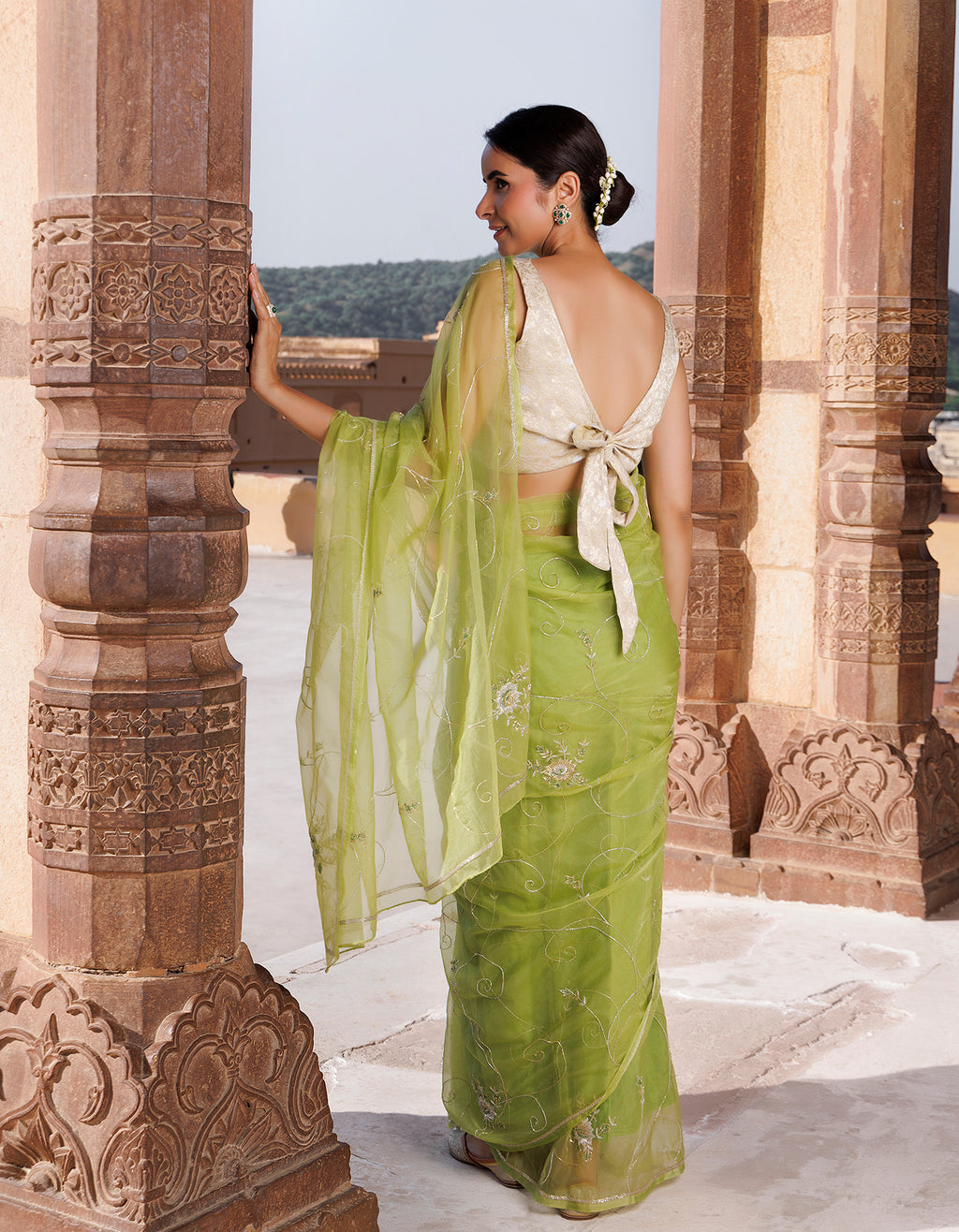 Green Hand Embroidered Resham & Tube Work Organza Saree