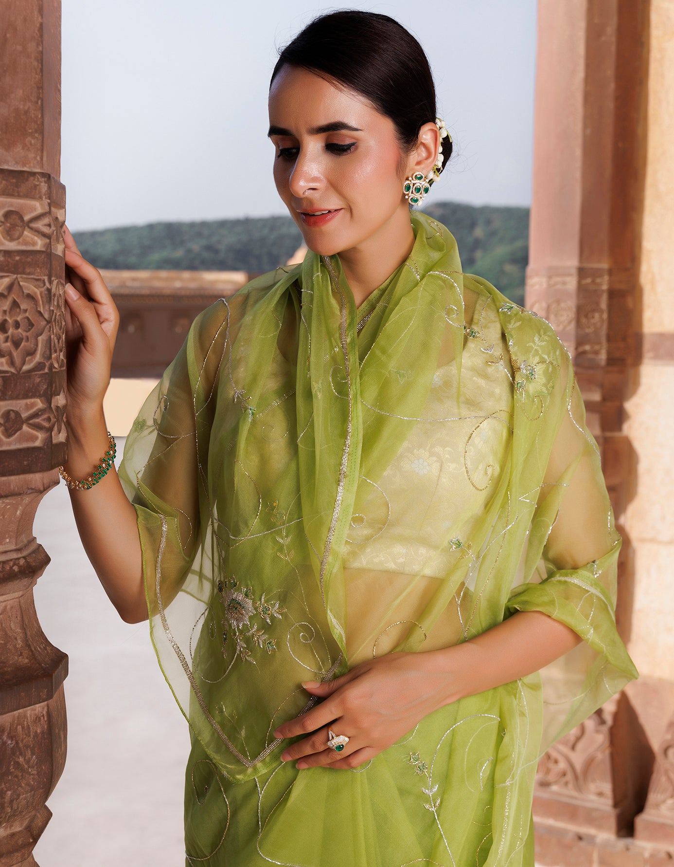 Green Hand Embroidered Resham & Tube Work Organza Saree