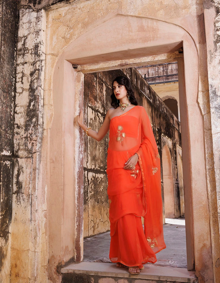 Orange Hand embroidered aari work chiffon saree