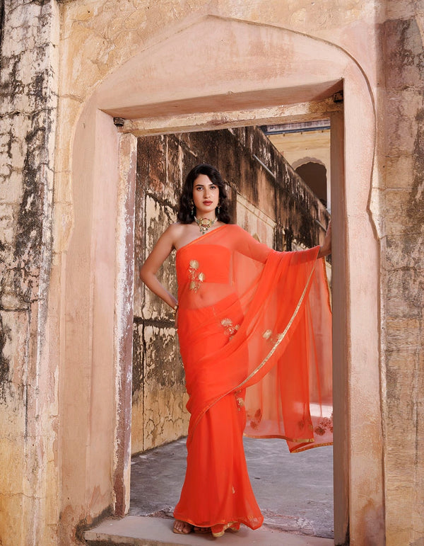 Orange Hand embroidered aari work chiffon saree