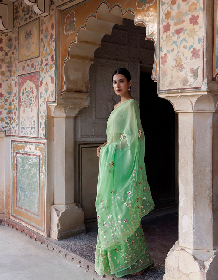 Green Hand embroidered Gota Patti Chiffon Saree