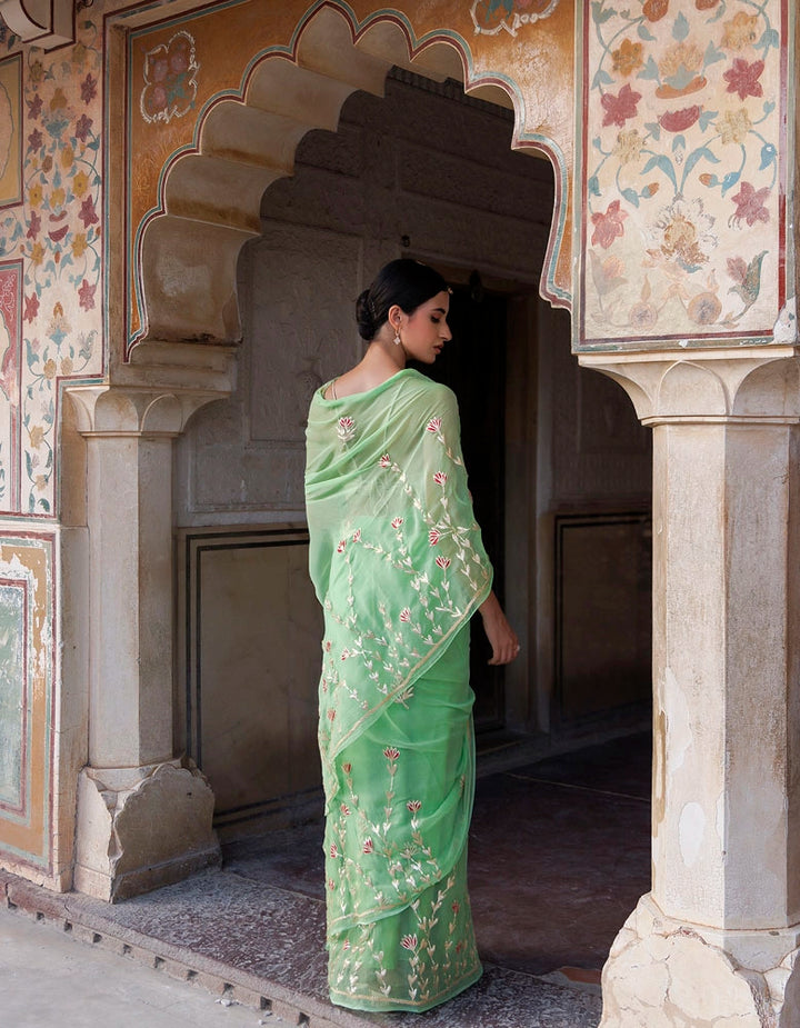 Green Hand embroidered Gota Patti Chiffon Saree
