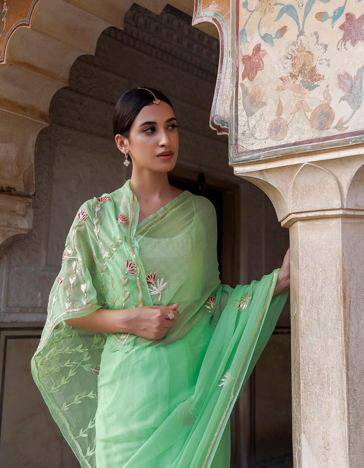 Green Hand embroidered Gota Patti Chiffon Saree