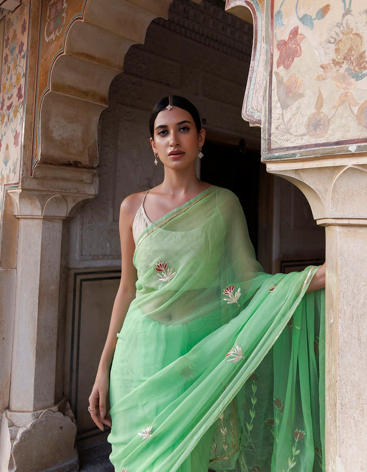 Green Hand embroidered Gota Patti Chiffon Saree