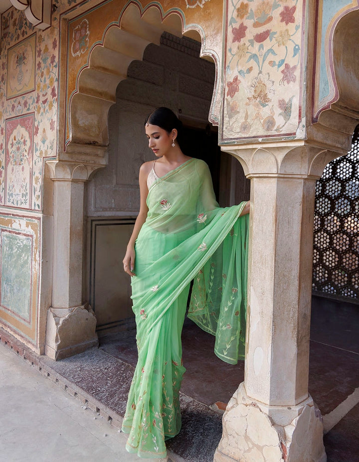 Green Hand embroidered Gota Patti Chiffon Saree