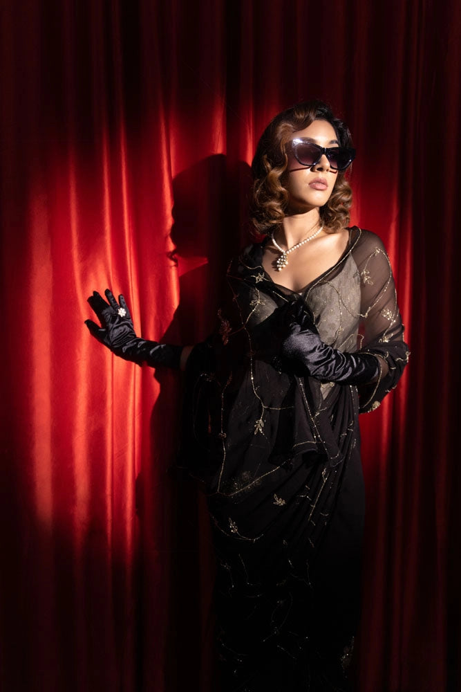 Black hand embroidered tube jaal chiffon saree