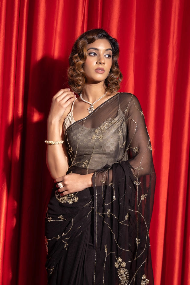 Black hand embroidered tube jaal chiffon saree