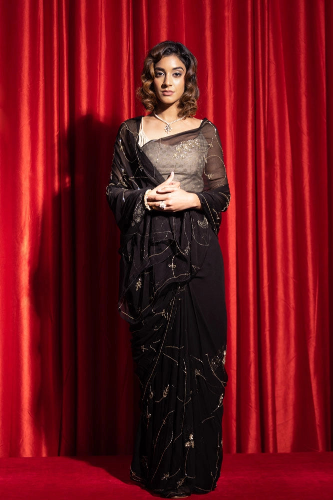 Black hand embroidered tube jaal chiffon saree